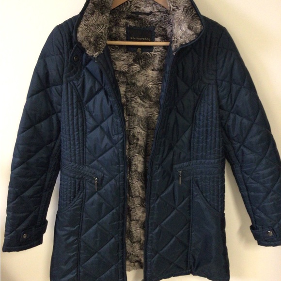 Weatherproof EUC blue/black poly fill long jacket, faux fur lining. - Picture 4 of 16
